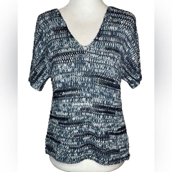 Eileen Fisher Brushstroke Cotton Tape Sweater Blue V-Neckline Size Small Petite - Picture 3 of 13